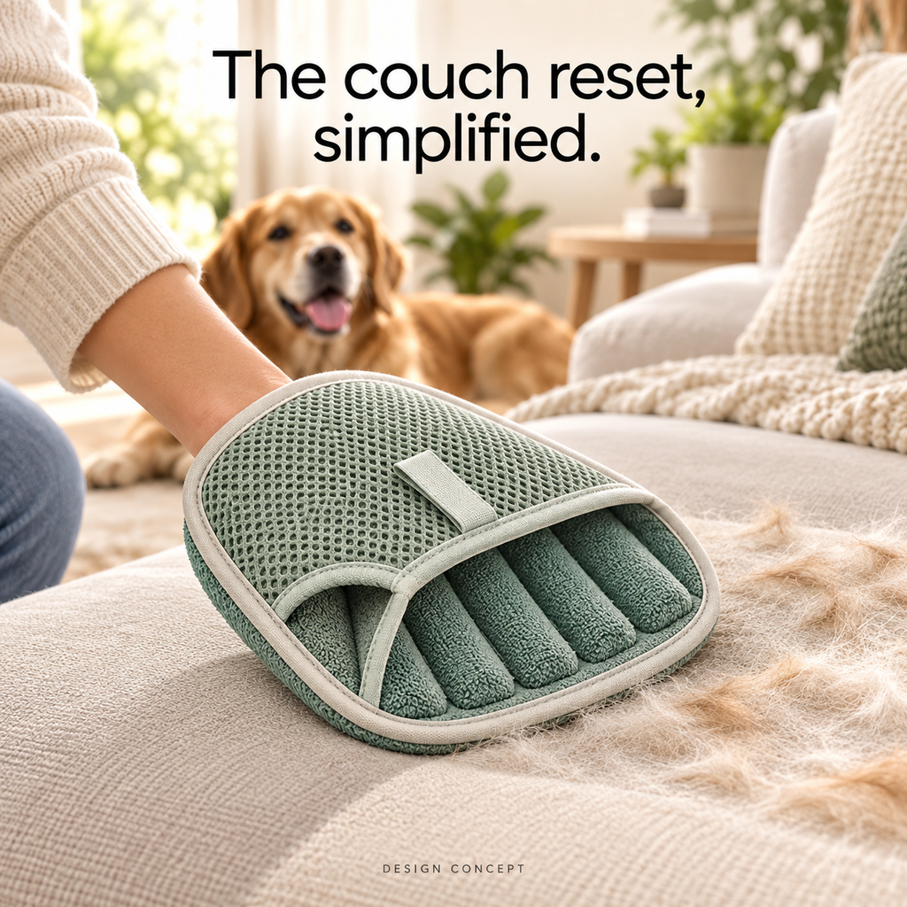 FurLift mitt removing pet hair from a sofa