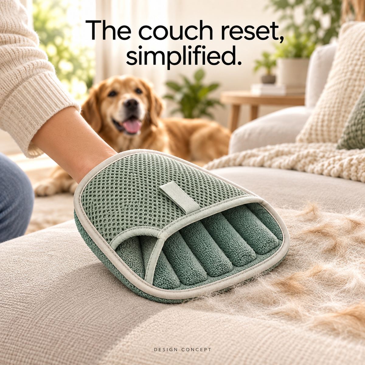 FurLift mitt removing pet hair from a sofa